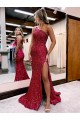 Sleeveless One Shoulder Velvet Sequin Burgundy Sweep Train Evening Gown Canada for Sale