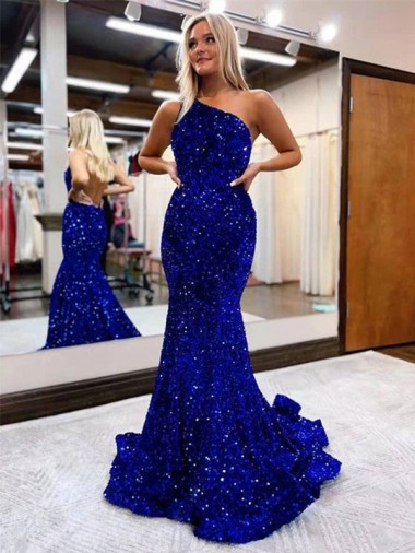 Sleeveless One Shoulder Velvet Sequin Royal Blue Sweep Train Evening Gown Canada for Sale