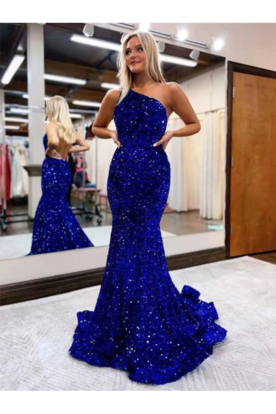 Sleeveless One Shoulder Velvet Sequin Royal Blue Sweep Train Evening Gown Canada for Sale