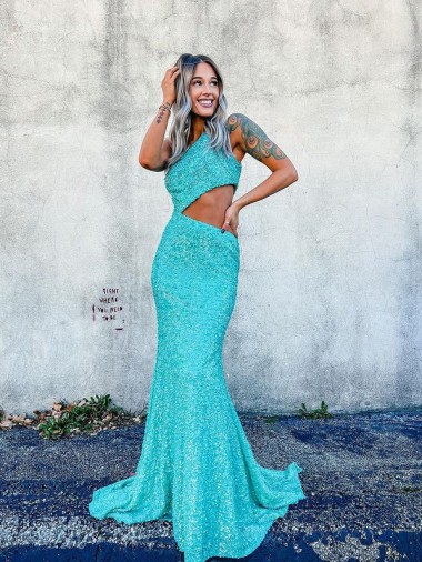 Sleeveless One Shoulder Velvet Sequin Sweep Train Evening Dresses Canada for Sale