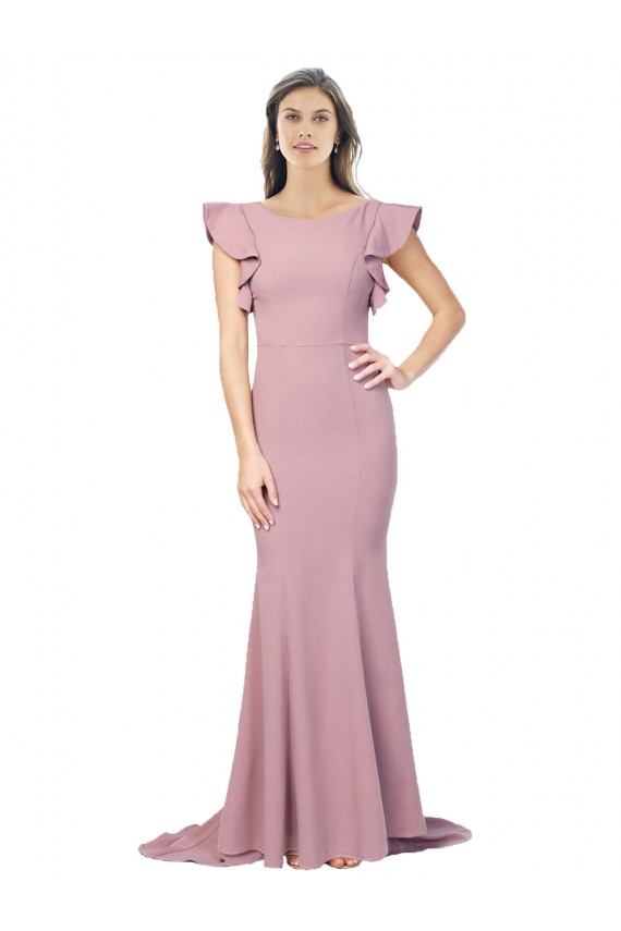 Flutter Sleeves Round Neck Stretch Crepe Dusty Pink Sweep Train Formal Evening Dress Canada for Sale