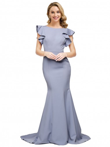 Sleeveless Round Neck Stretch Crepe Smoke Blue Sweep Train Formal Evening Dress Canada for Sale