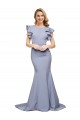 Sleeveless Round Neck Stretch Crepe Smoke Blue Sweep Train Formal Evening Dress Canada for Sale