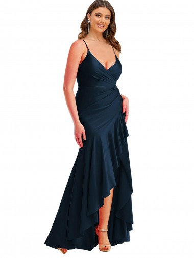 Sleeveless Spaghetti Straps Silky Satin Dark Navy Long High Low Plus Size Evening Dress Canada for Sale