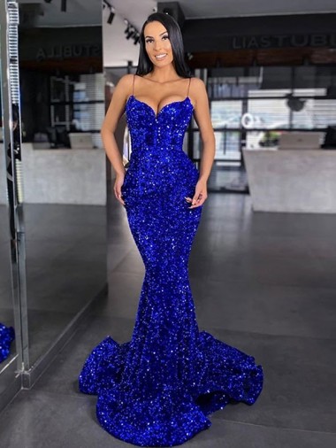 Sleeveless Spaghetti Straps Velvet Sequin Royal Blue Mermaid Sweep Train Evening Dress Canada for Sale
