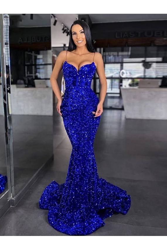Sleeveless Spaghetti Straps Velvet Sequin Royal Blue Mermaid Sweep Train Evening Dress Canada for Sale