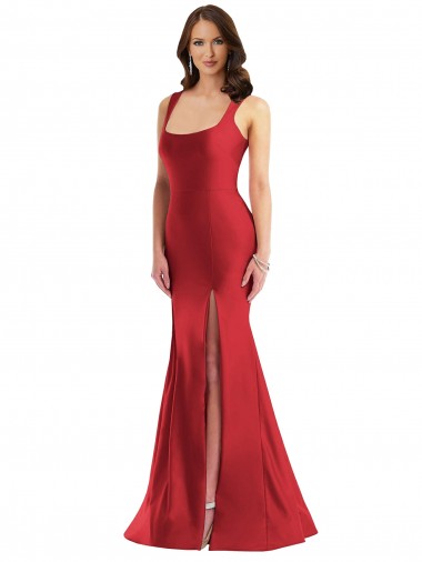 Sleeveless Square Neck Silky Satin Red Long Formal Plus Size Evening Dress Canada for Sale