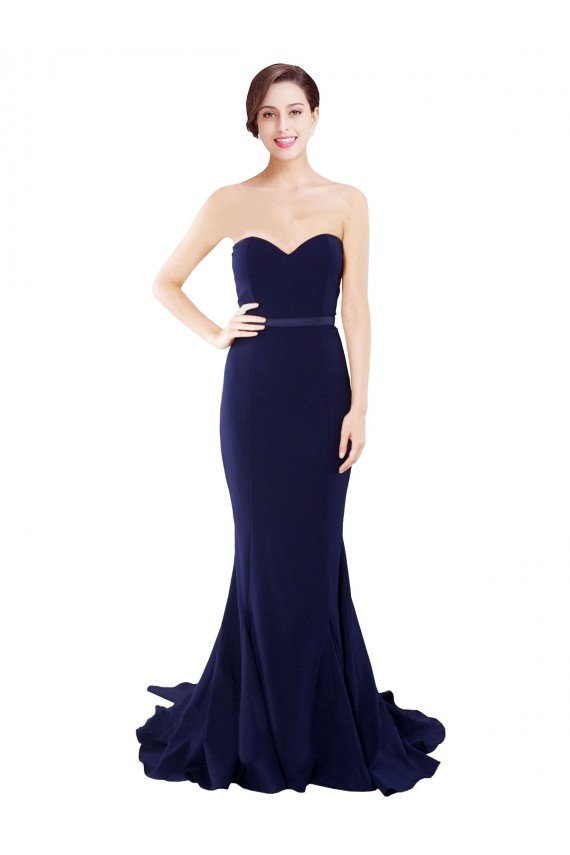 Sleeveless Strapless Stretch Crepe Dark Navy Mermaid Sweep Train Semi Formal Evening Dress Canada for Sale