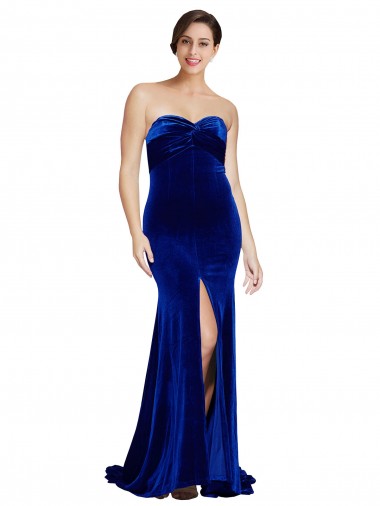 Sleeveless Strapless Stretch Velvet Royal Blue Sweep Train Formal Evening Dress Canada for Sale