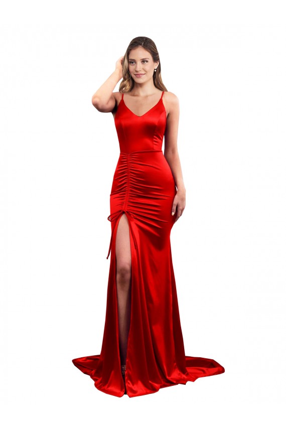 Sleeveless Sweetheart Stretch Satin Red Long Evening Dress Canada for Sale