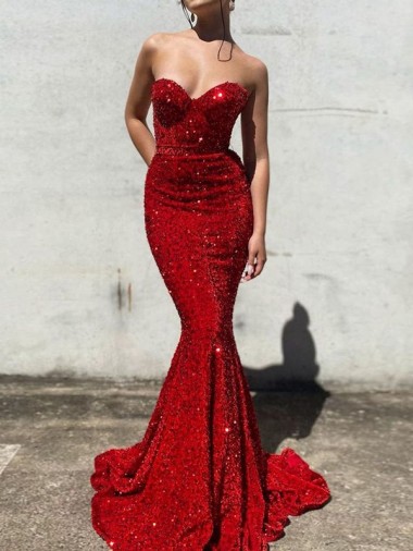Sleeveless Sweetheart Velvet Sequin Burgundy Court Train Evening Gown Canada for Sale