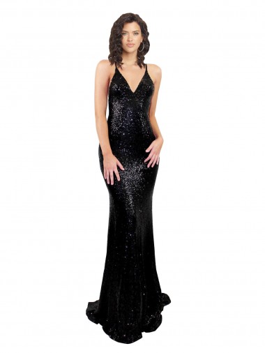 Sleeveless V-Neck Sequin Black Long Black Tie Evening Dress Canada for Sale
