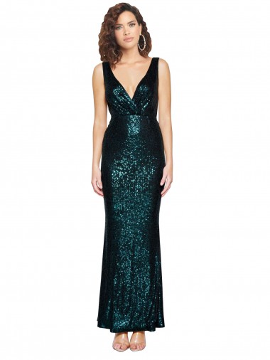 Sleeveless V-Neck Sequin Dark Green Long Evening Dress Canada for Sale