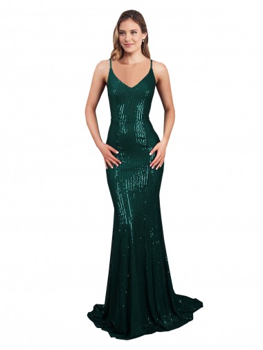 Sleeveless V-Neck Sequin Dark Green Mermaid Long Formal Evening Dress Canada for Sale