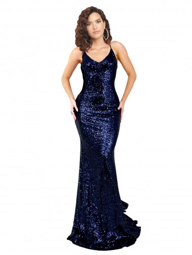 Sleeveless V-Neck Sequin Dark Navy Long Formal Evening Dress Canada for Sale