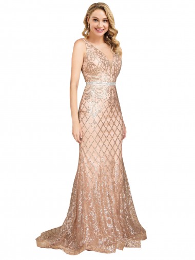 Sleeveless V-Neck Sequin & Sparkling Sequin Rose Gold Long Formal Plus Size Evening Dress Canada for Sale