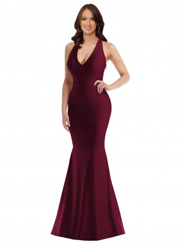 Sleeveless V-Neck Silky Satin Burgundy Long Formal Plus Size Evening Dress Canada for Sale