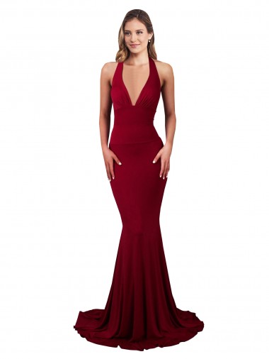 Sleeveless V-Neck Spandex Burgundy Long Formal Evening Dress Canada for Sale