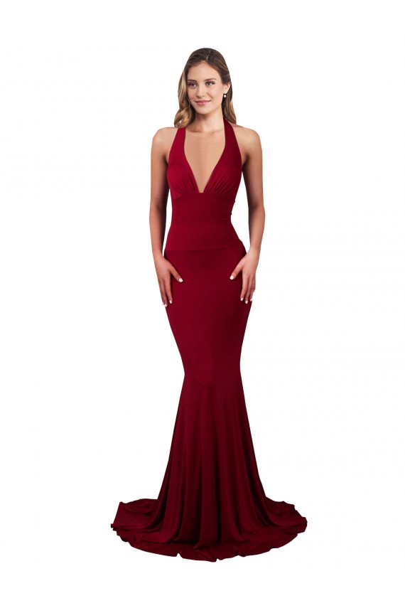 Sleeveless V-Neck Spandex Burgundy Long Formal Evening Dress Canada for Sale
