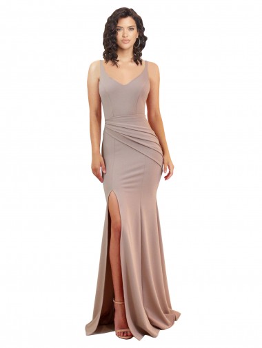 Sleeveless V-Neck Stretch Crepe Dusty Pink Long Black Tie Evening Dress Canada for Sale
