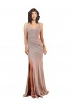 Sleeveless V-Neck Stretch Crepe Dusty Pink Long Black Tie Evening Dress Canada for Sale