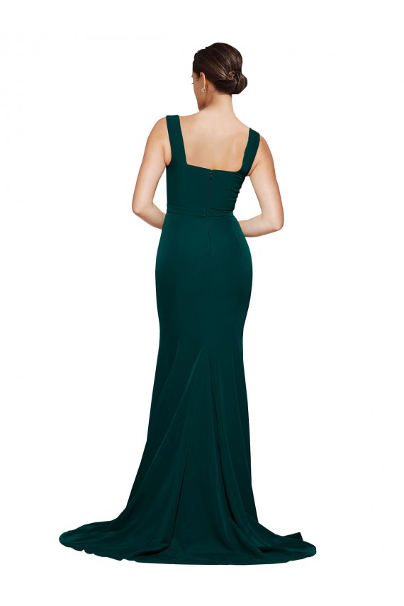 Sleeveless Square Neck Stretch Crepe Midnight Green Sweep Train Semi Formal Evening Dress Canada for Sale