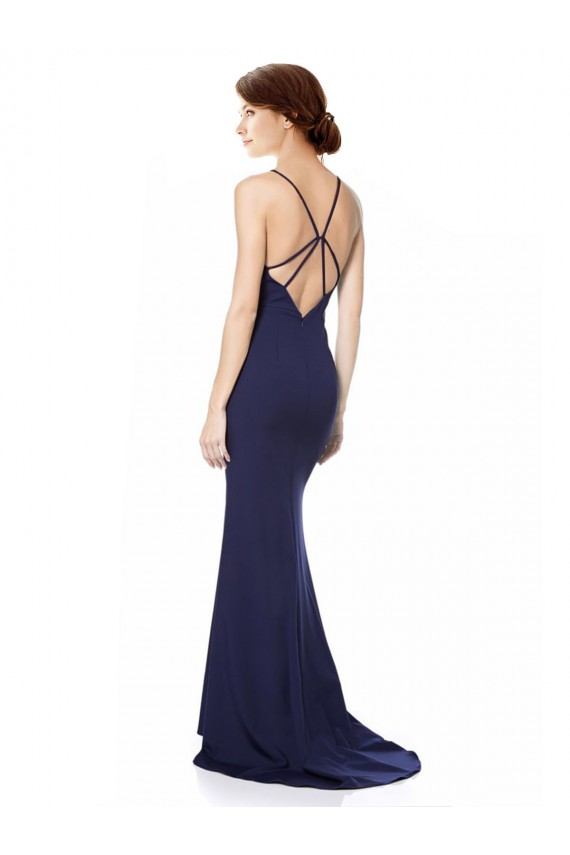 Sleeveless High Neck Stretch Crepe Navy Blue Long Formal Evening Dress Canada for Sale