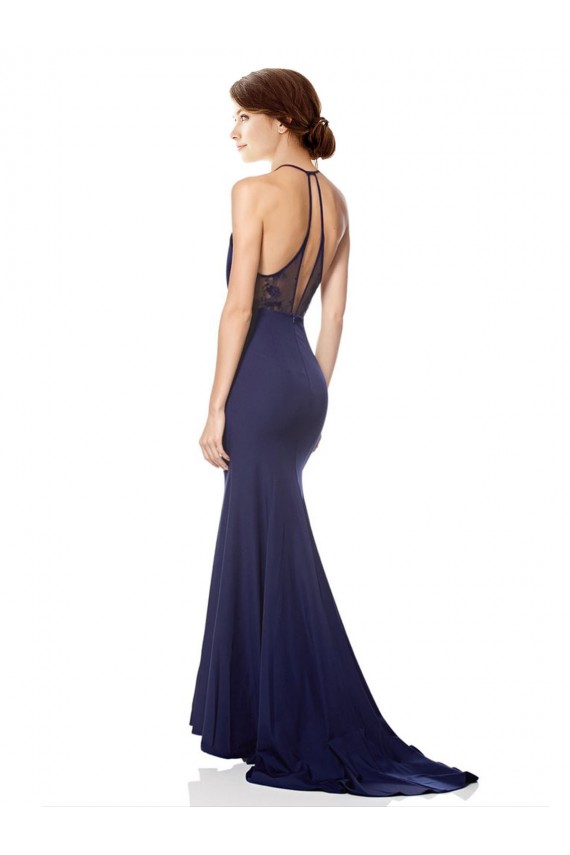 Sleeveless High Neck Stretch Crepe Navy Blue Long Evening Dress Canada for Sale