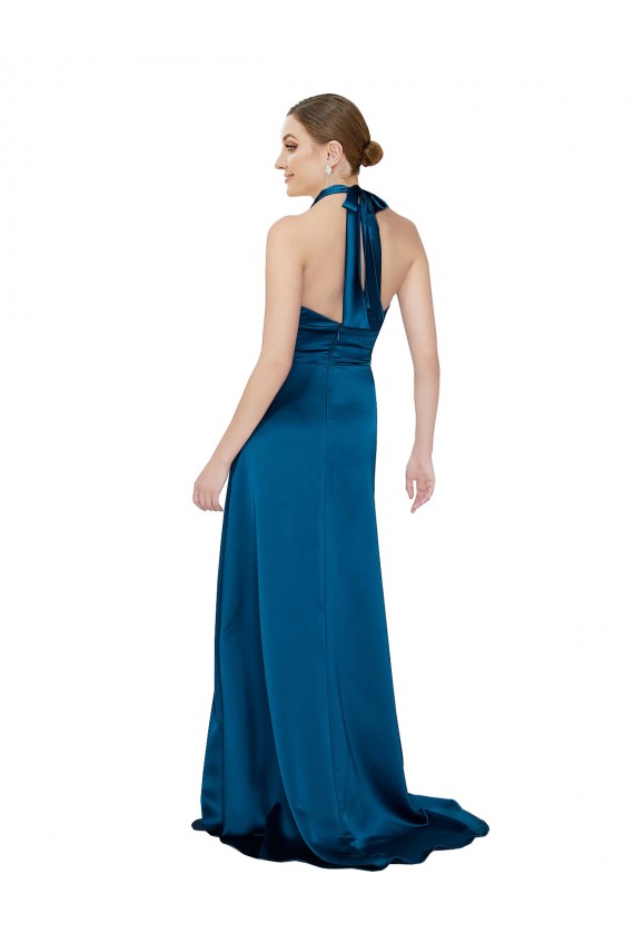 Sleeveless Halter Neck Silky Satin Peacock Blue Long Formal Evening Dress Canada for Sale