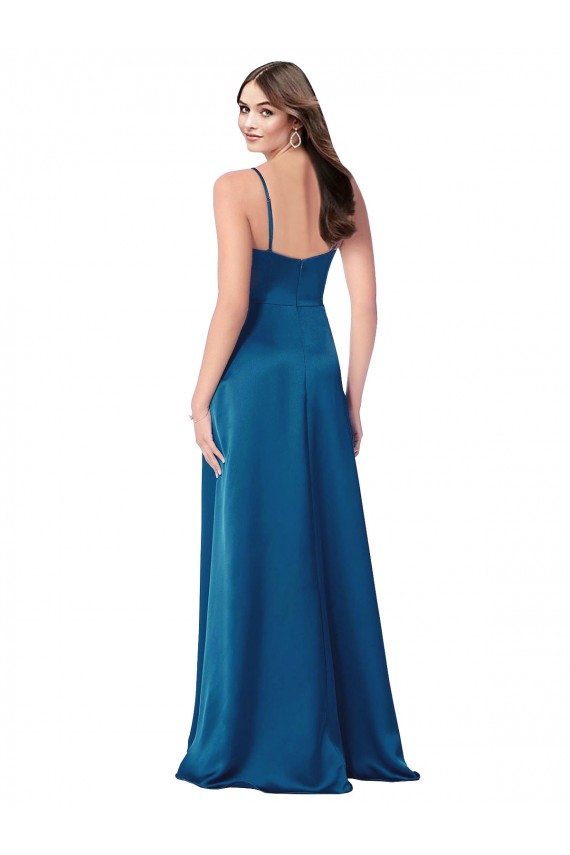 Sleeveless Cowl Neck Silky Satin Peacock Blue Long Formal Evening Dress Canada for Sale