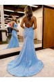 Sleeveless V-Neck Velvet Sequin Periwinkle Sweep Train Evening Dress Canada for Sale