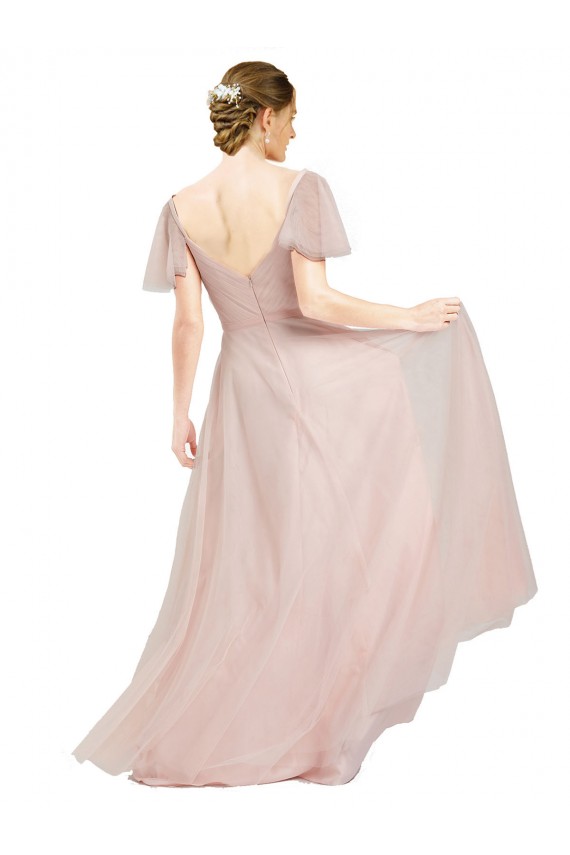 Flutter Sleeves V-Neck Tulle Pink Long Formal Dress Canada for Sale