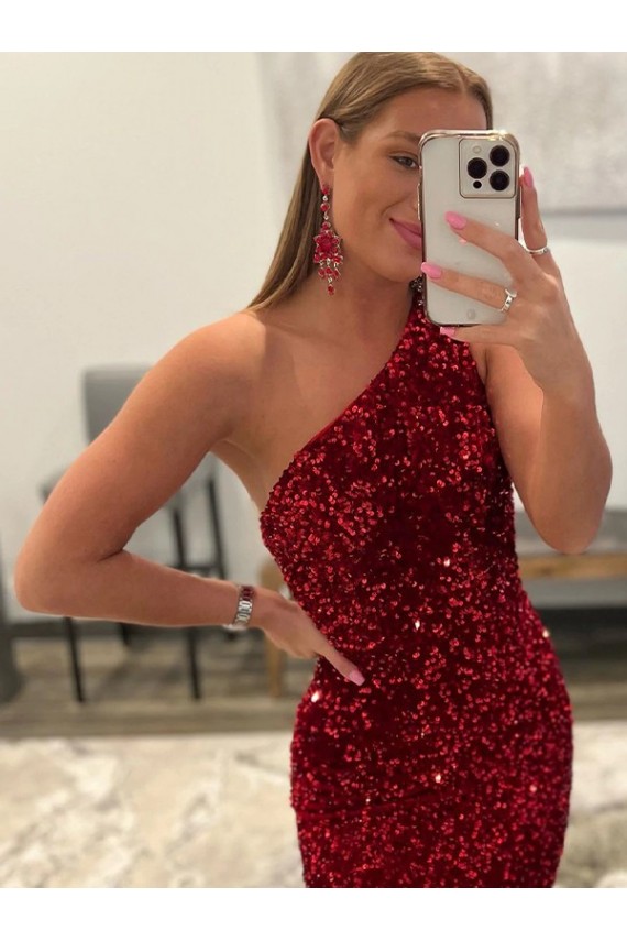 Sleeveless One Shoulder Velvet Sequin Pink Sweep Train Evening Dress Canada for Sale