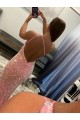 Sleeveless One Shoulder Velvet Sequin Pink Sweep Train Evening Dress Canada for Sale