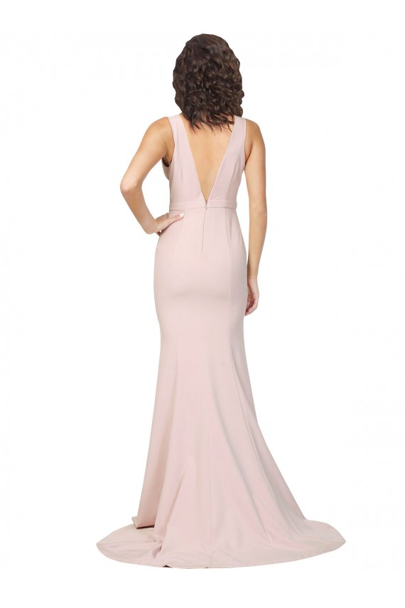 Sleeveless V-Neck Stretch Crepe Pink Sweep Train Black Tie Evening Dress Canada for Sale