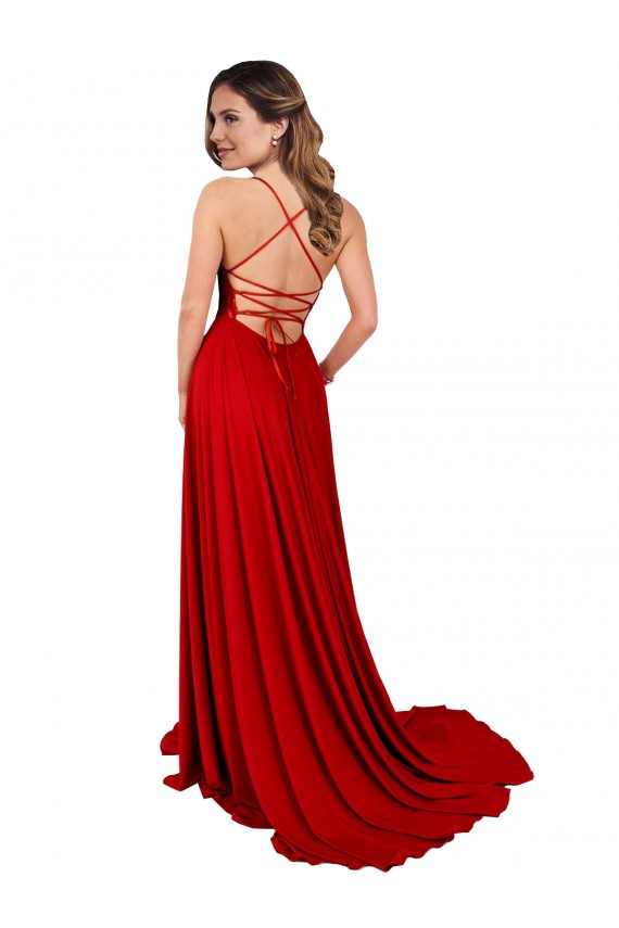 Sleeveless Square Neck Spandex & Lace Red Long Semi Formal Evening Dress Canada for Sale