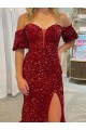 Short Sleeves Off the Shoulder Velvet Sequin Red Court Train Evening Dress Canada for Sale