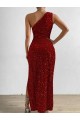 Sleeveless One Shoulder Velvet Sequin Red Long Evening Dress Canada for Sale