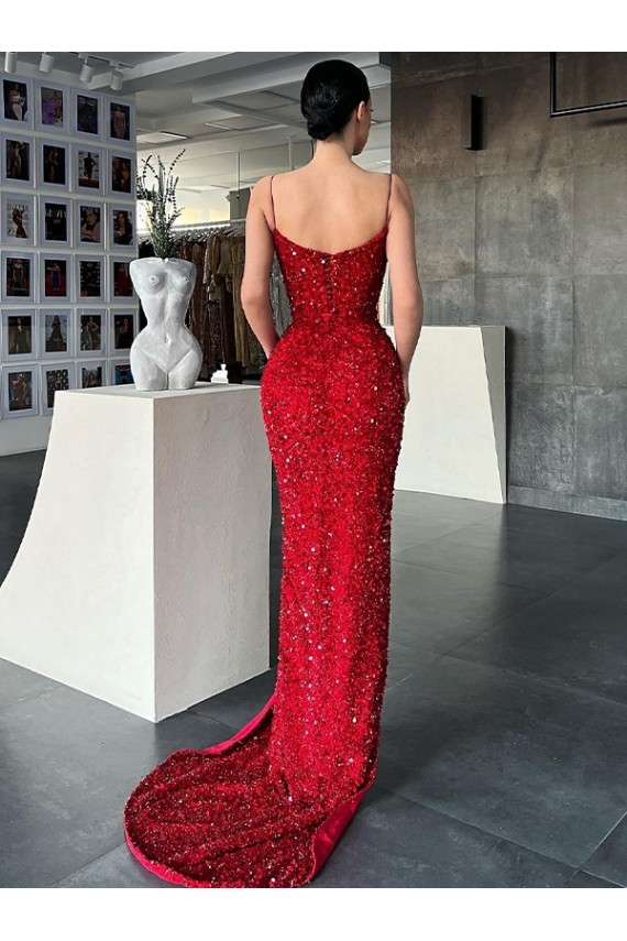 Sleeveless V-Neck Velvet Sequin Red Sweep Train Evening Dress Canada for Sale