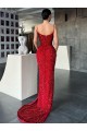 Sleeveless V-Neck Velvet Sequin Red Sweep Train Evening Dress Canada for Sale