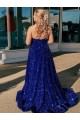 Sleeveless One Shoulder Velvet Sequin Royal Blue Sweep Train Evening Dress Canada for Sale