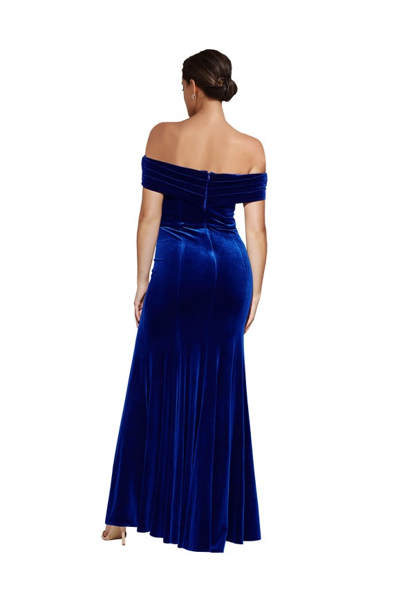 Sleeveless Off the Shoulder Stretch Velvet Royal Blue Long Formal Evening Dress Canada for Sale