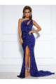 Sleeveless One Shoulder Velvet Sequin Royal Blue Court Train Evening Dress Canada for Sale