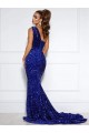 Sleeveless One Shoulder Velvet Sequin Royal Blue Court Train Evening Dress Canada for Sale
