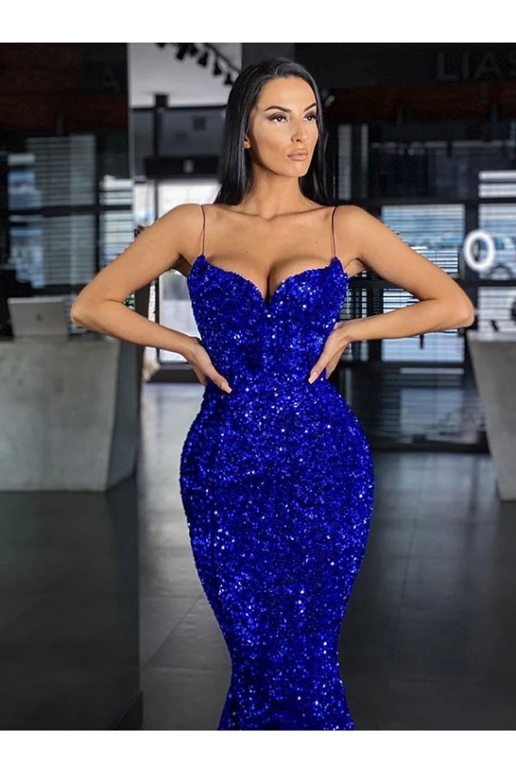 Sleeveless Spaghetti Straps Velvet Sequin Royal Blue Mermaid Sweep Train Evening Dress Canada for Sale