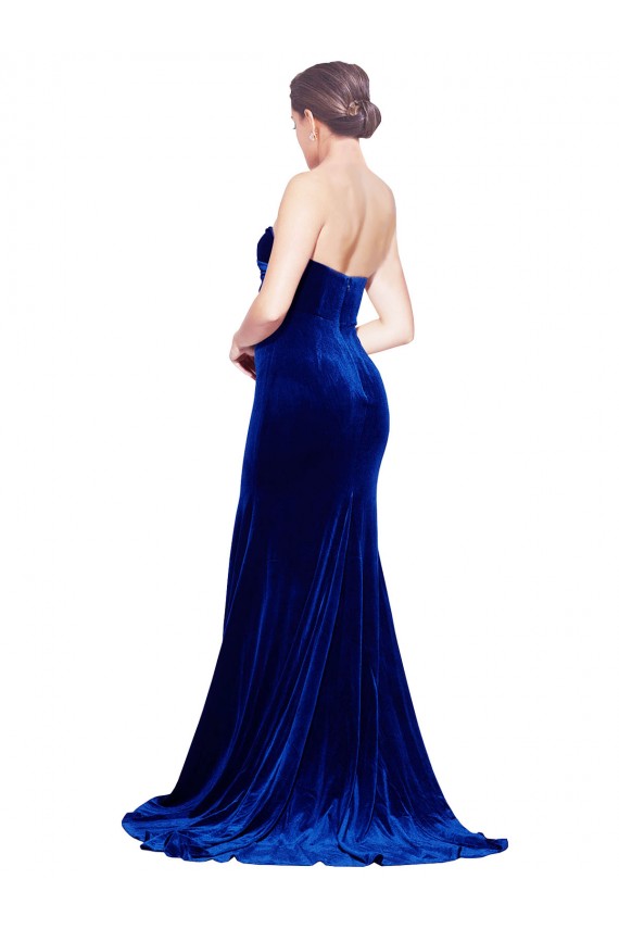 Sleeveless Strapless Stretch Velvet Royal Blue Sweep Train Formal Evening Dress Canada for Sale
