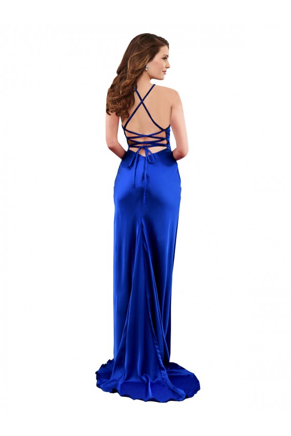 Sleeveless Cowl Neck Silky Satin Royal Blue Long Formal Evening Dress Canada for Sale