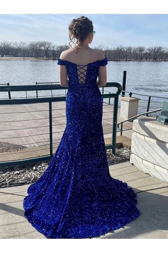 Sleeveless Off the Shoulder Velvet Sequin Royal Blue Sweep Train Evening Dress Canada for Sale