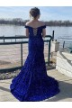 Sleeveless Off the Shoulder Velvet Sequin Royal Blue Sweep Train Evening Dress Canada for Sale