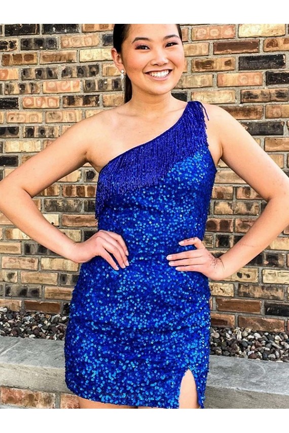 Sleeveless One Shoulder Velvet Sequin Royal Blue Short Homecoming Dresses Canada for Sale